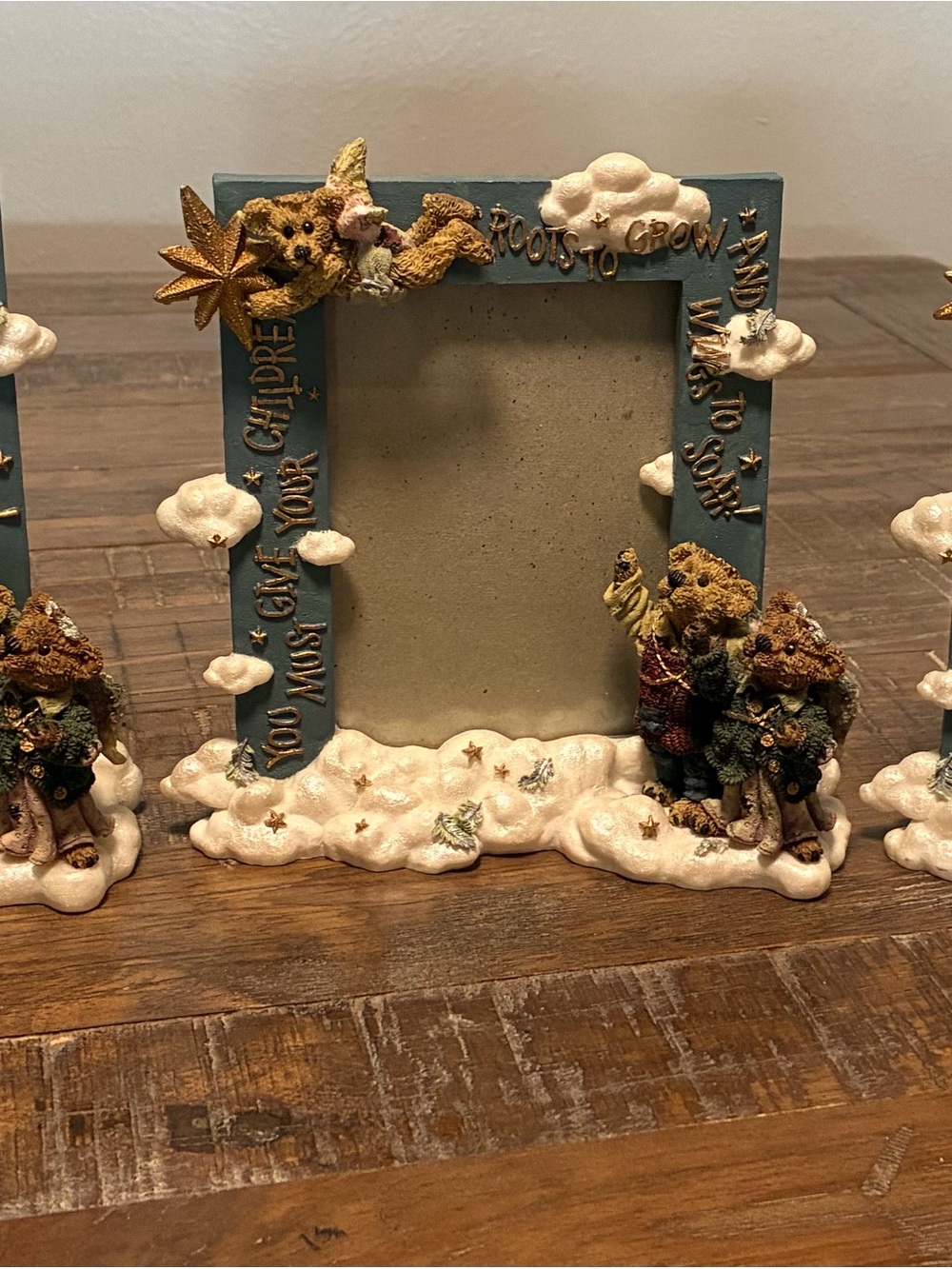 3 Blue Teddy Bear Picture Frames with Gold Accents